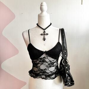 Black Lace Babydoll Top, Coquette Soft Grunge Romantic Goth Indie Sleaze XS